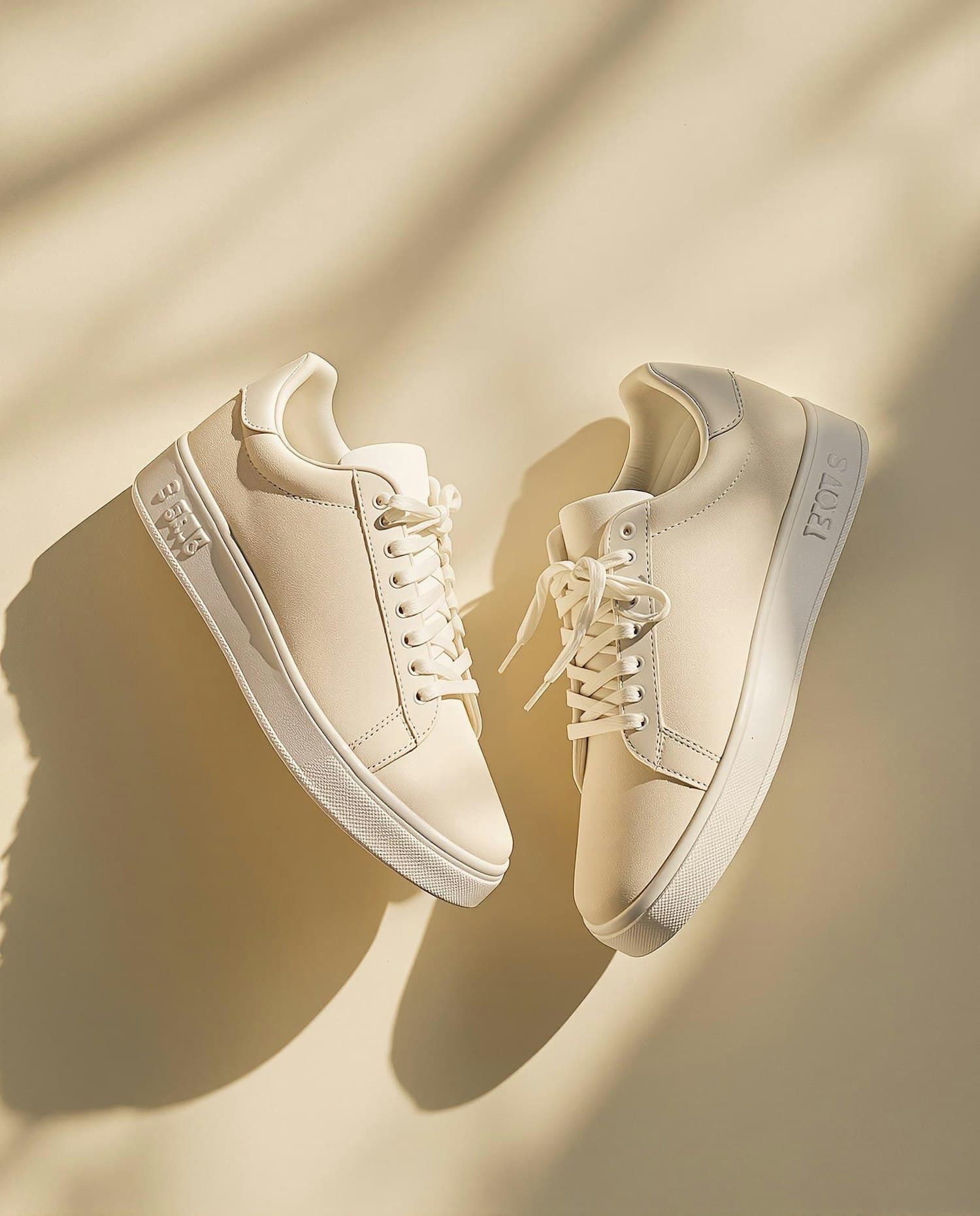 Cream leather low trainers arranged in soft sunlight